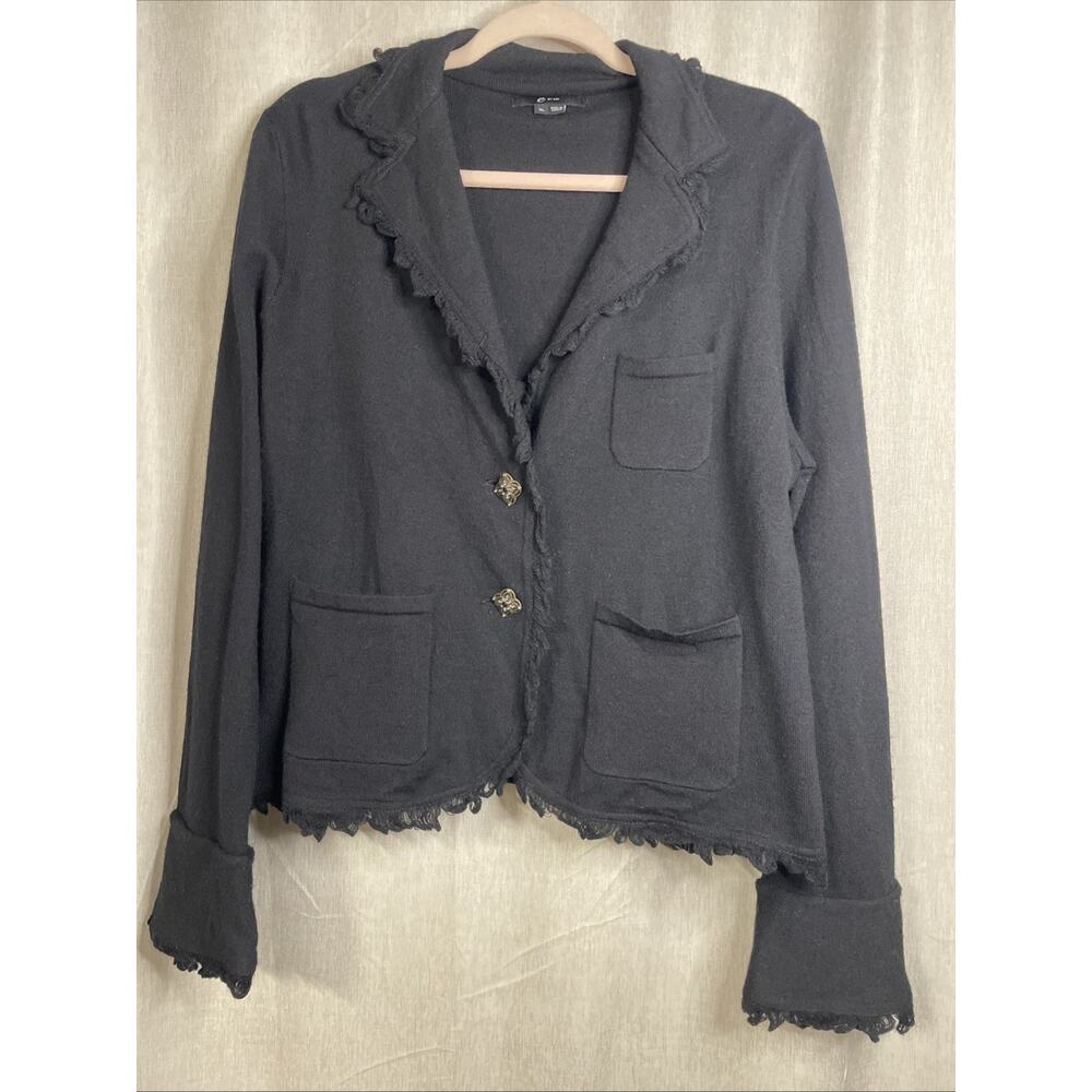 e by ECI Wool Blend Women’s Fringed Collared Cardigan w/Buttons/Pockets Size XL
